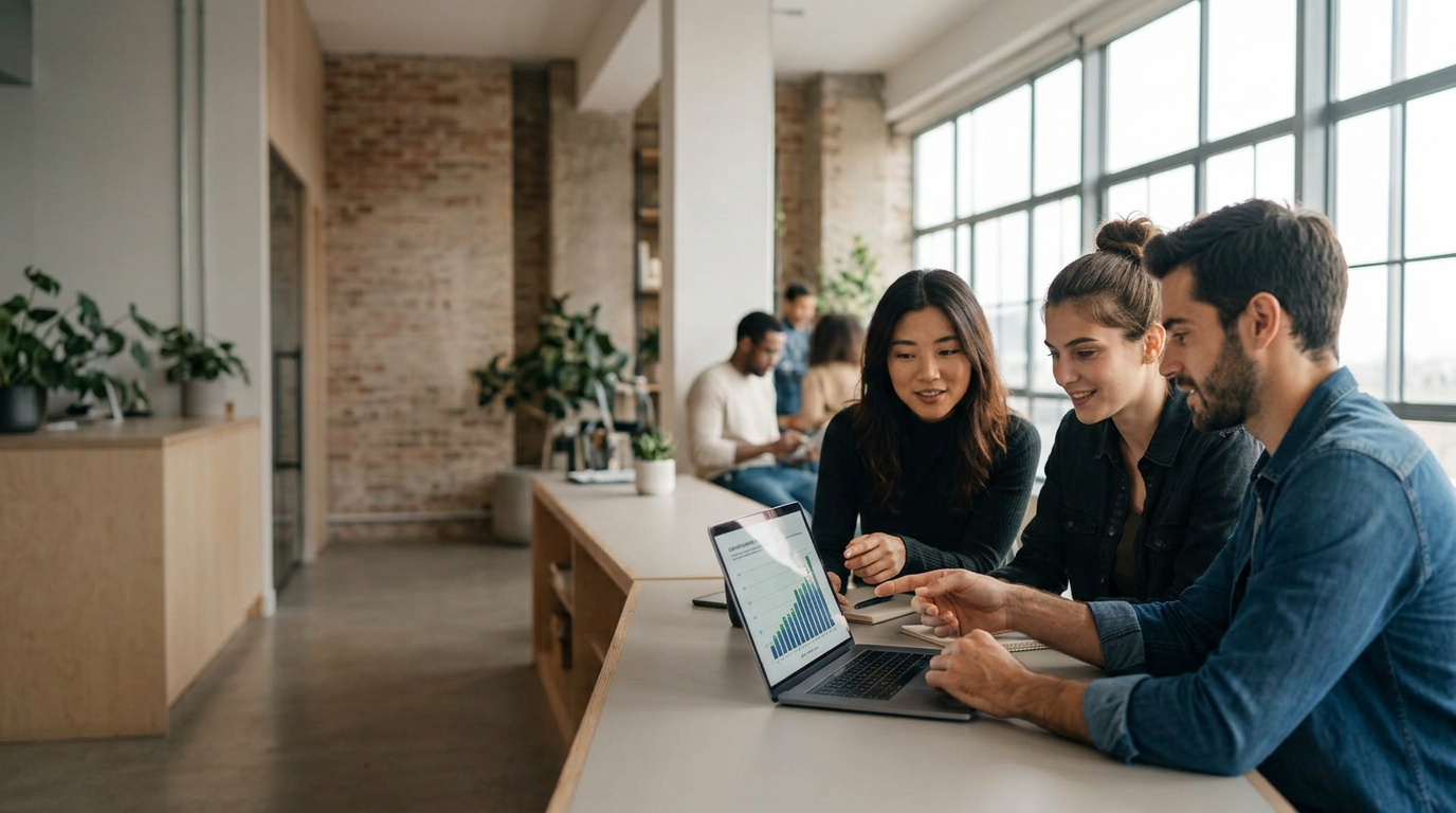 Startup team reviewing customer growth together